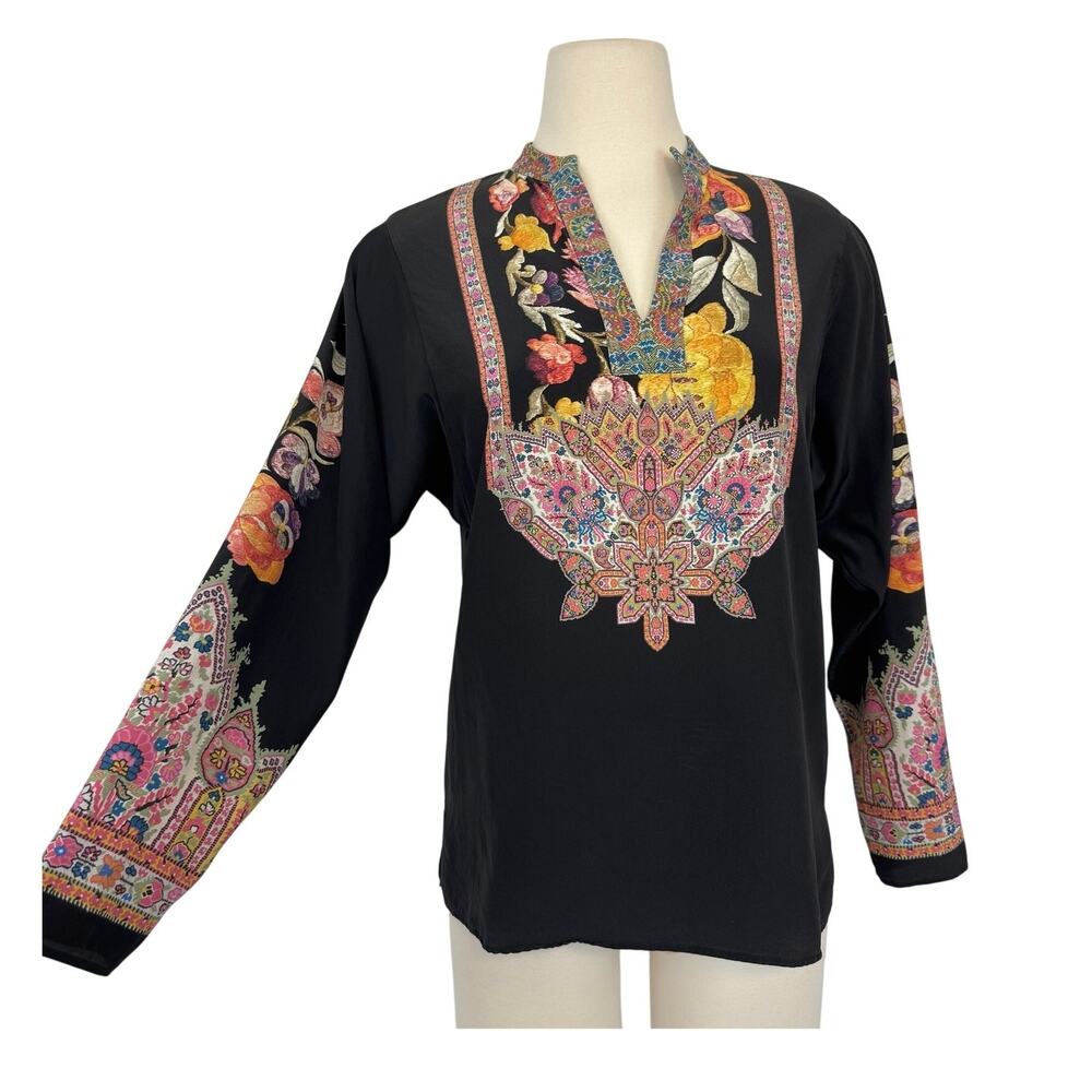 Etro Paisley Floral Long Sleeve Top Blouse Silk Black IT 40 (US 4)